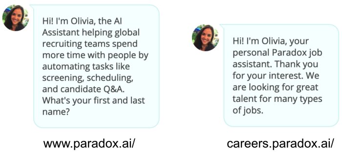 El primer chat del chatbot de Paradox AI en la página principal y la página de carreras.