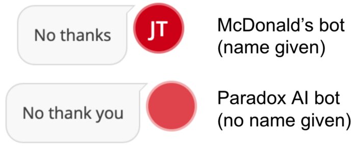 Ícono de chat de usuario para los bots de McDonald's y Paradox, cuando se da el nombre en lugar de no se da